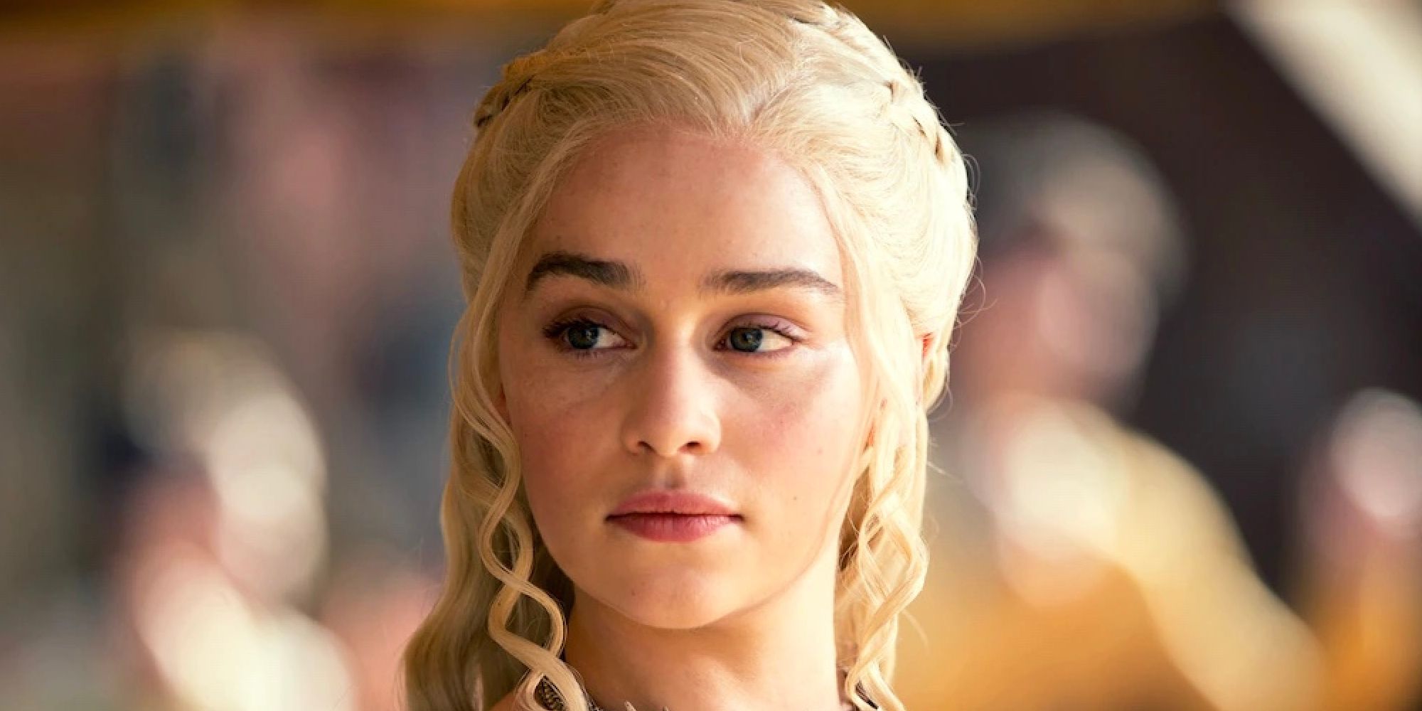 Daenerys Targaryen, played by Emilia Clarke, looks to the left in Game of Thrones