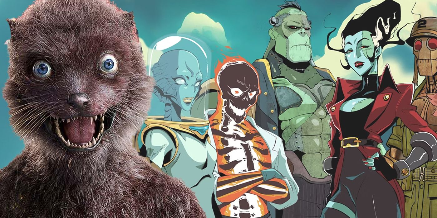 Weasel from The Suicide Squad with the animated Creature Commandos in the background