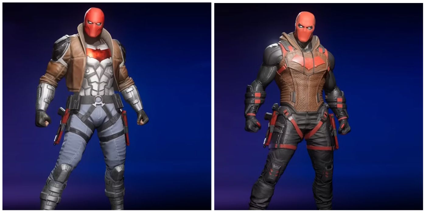 Split image of Gotham Knights' Red Hood Knightwatch and Default Costumes