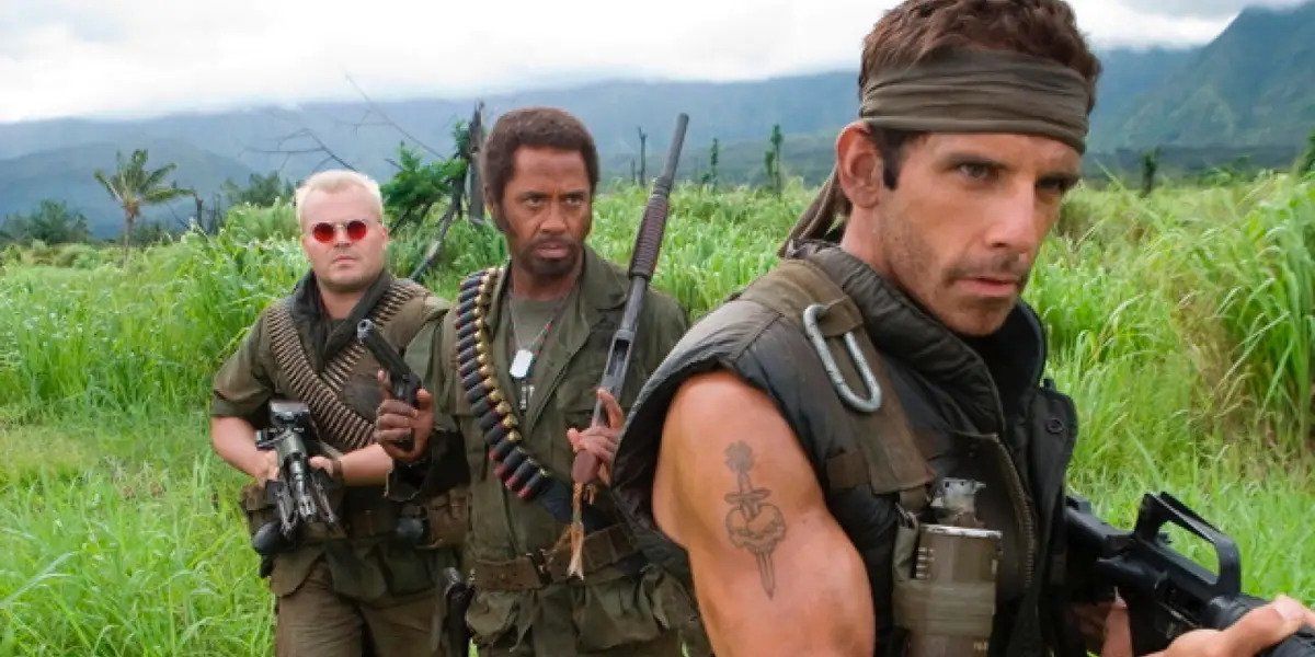 Ben Stiller, Robert Downey Jr. and Jack Black Tropic Thunder prepare for battle in Tropic Thunder