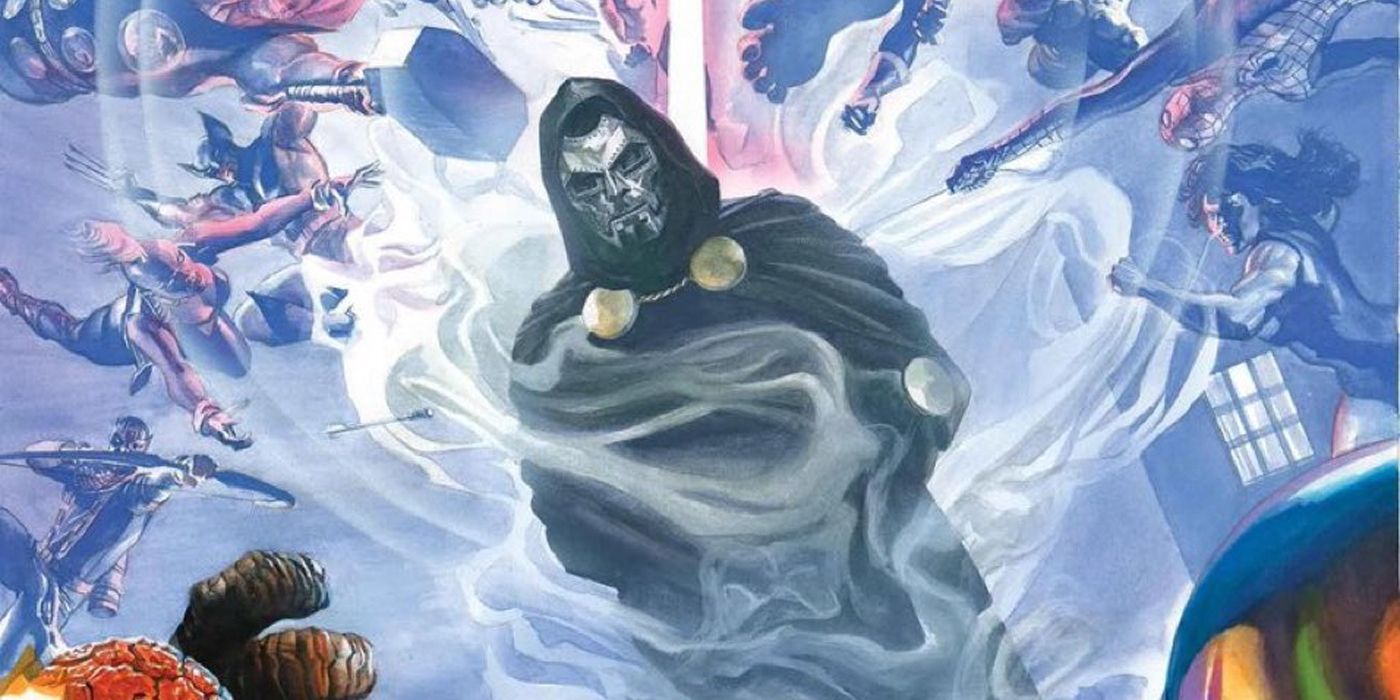 Many Marvel heroes lunge toward Doctor Doom on Alex Ross' main cover for Fantastic Four #7 (2023).