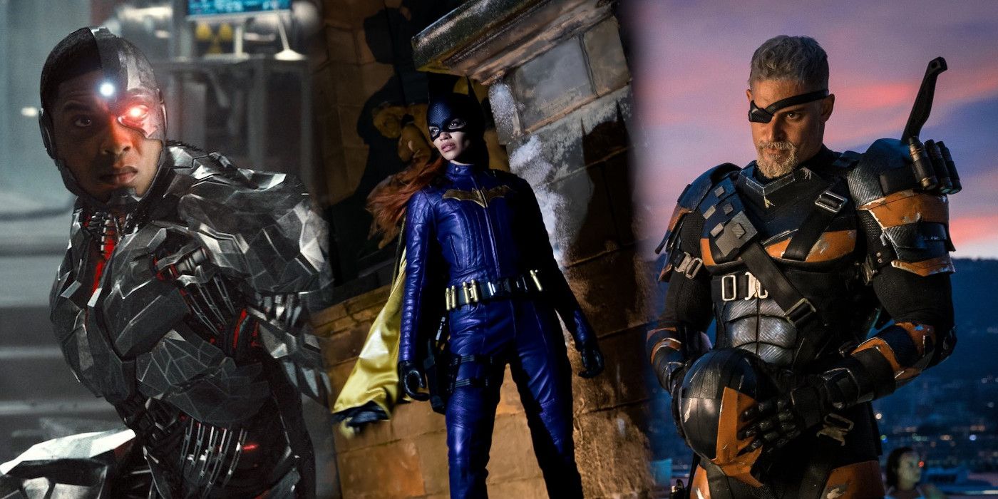 A three part image showing Ray Fisher as Cyborg, Leslie Grace as Batgirl, and Joe Manganiello as Deathstroke