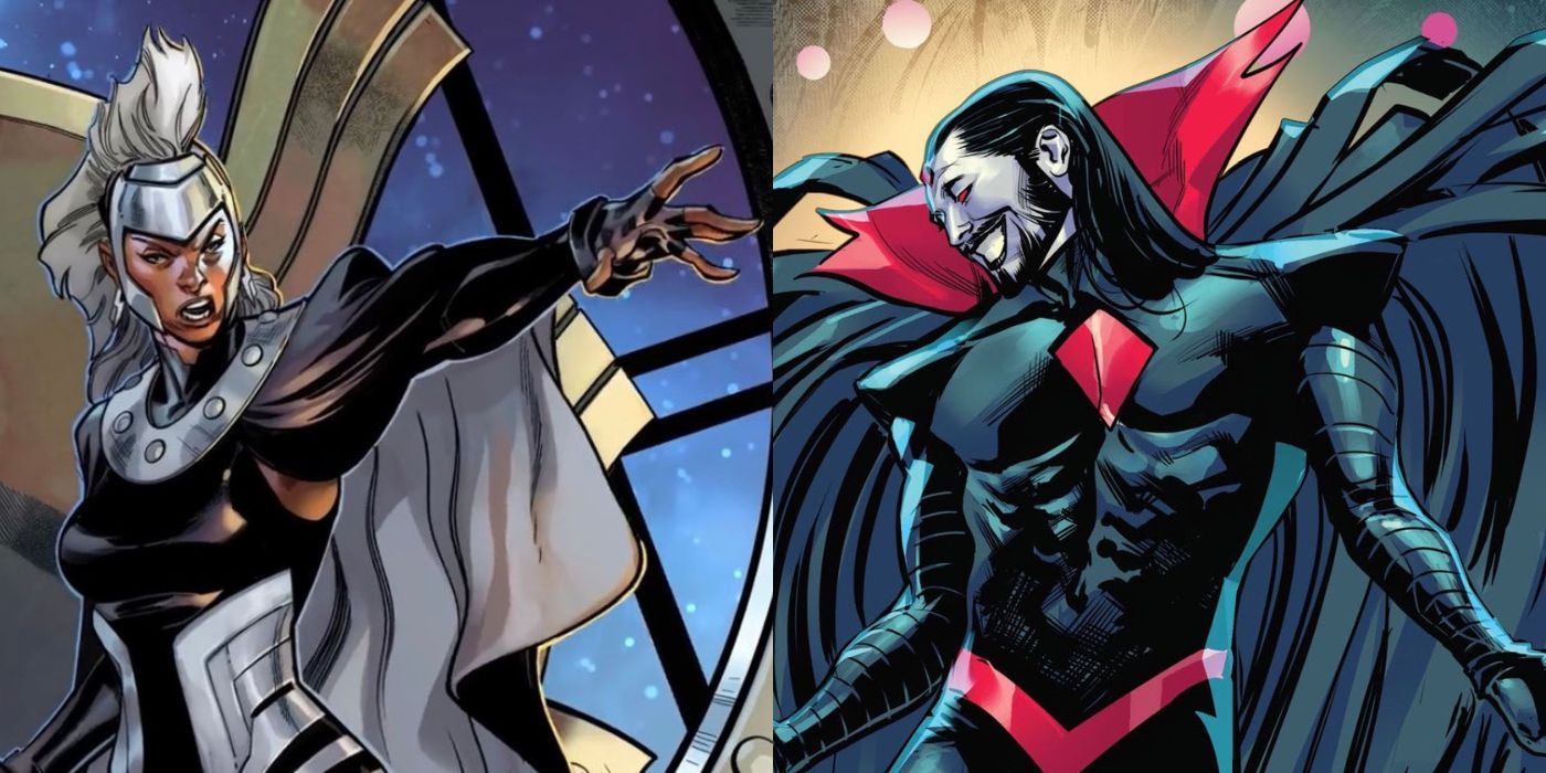 Storm pointing accusingly at Mister Sinister in a split image