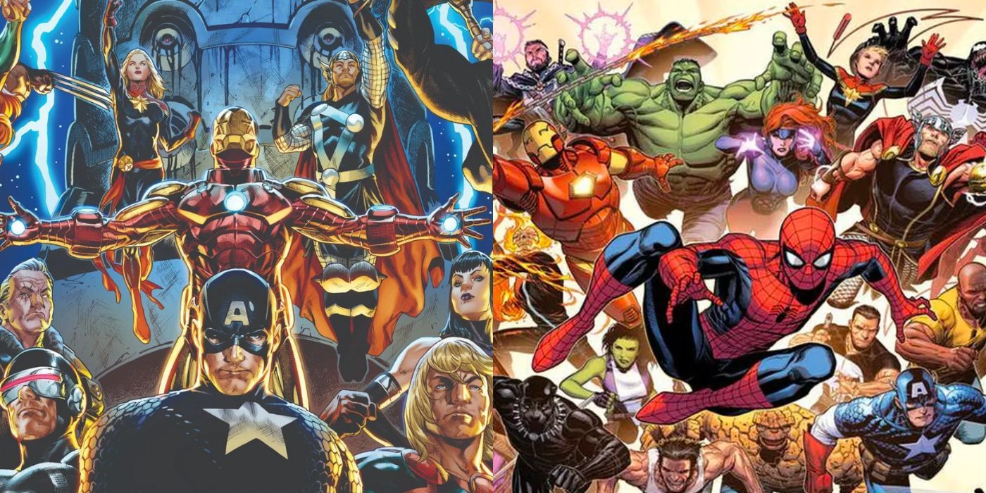 The Avengers all posing together in a split image