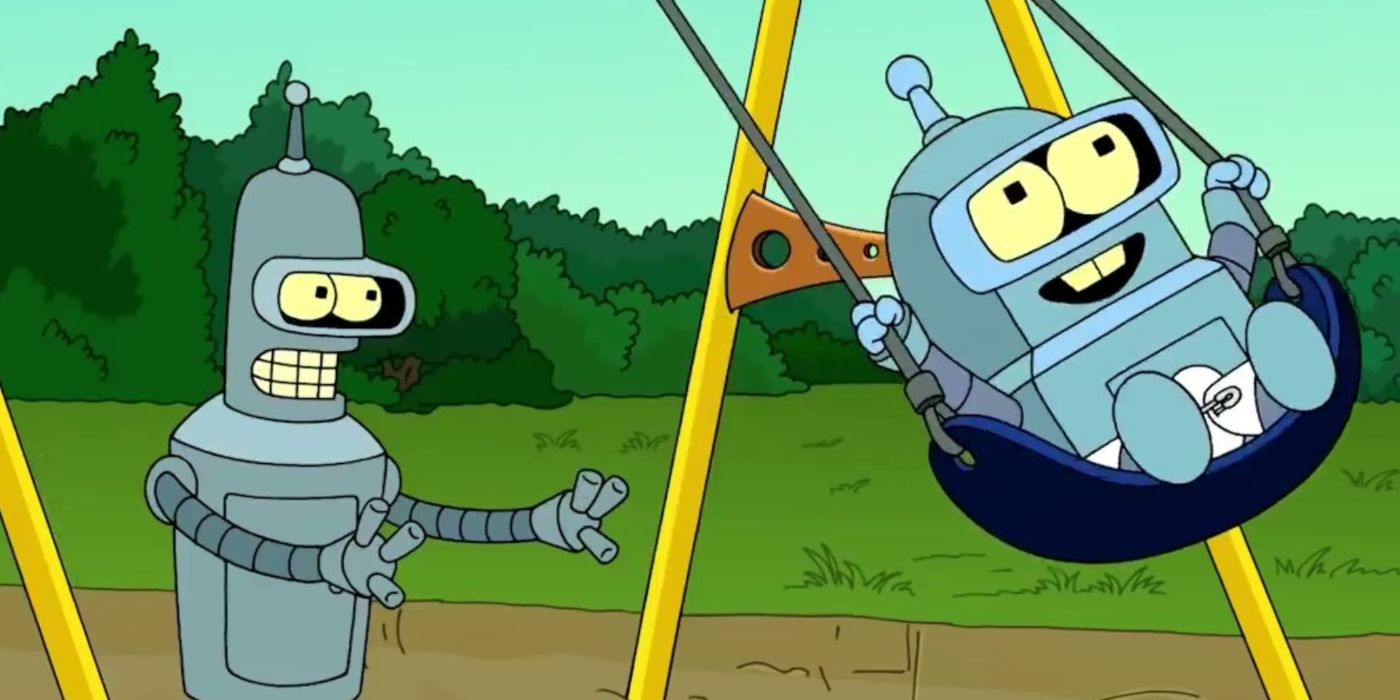 Bender brinca com seu filho em um parquinho em Futurama