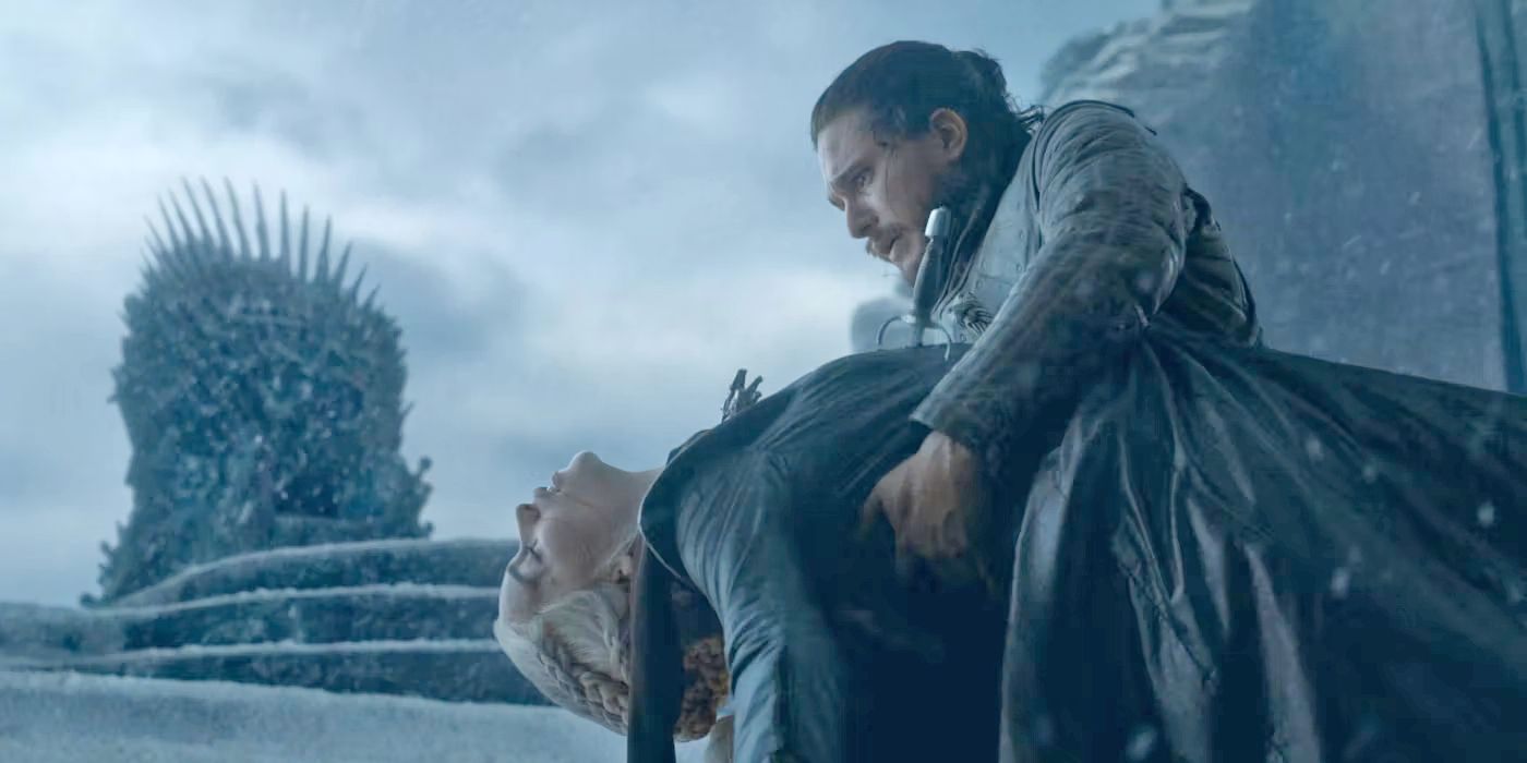 Jon Snow cradling a dead Daenerys Targaryen in Game of Thrones.