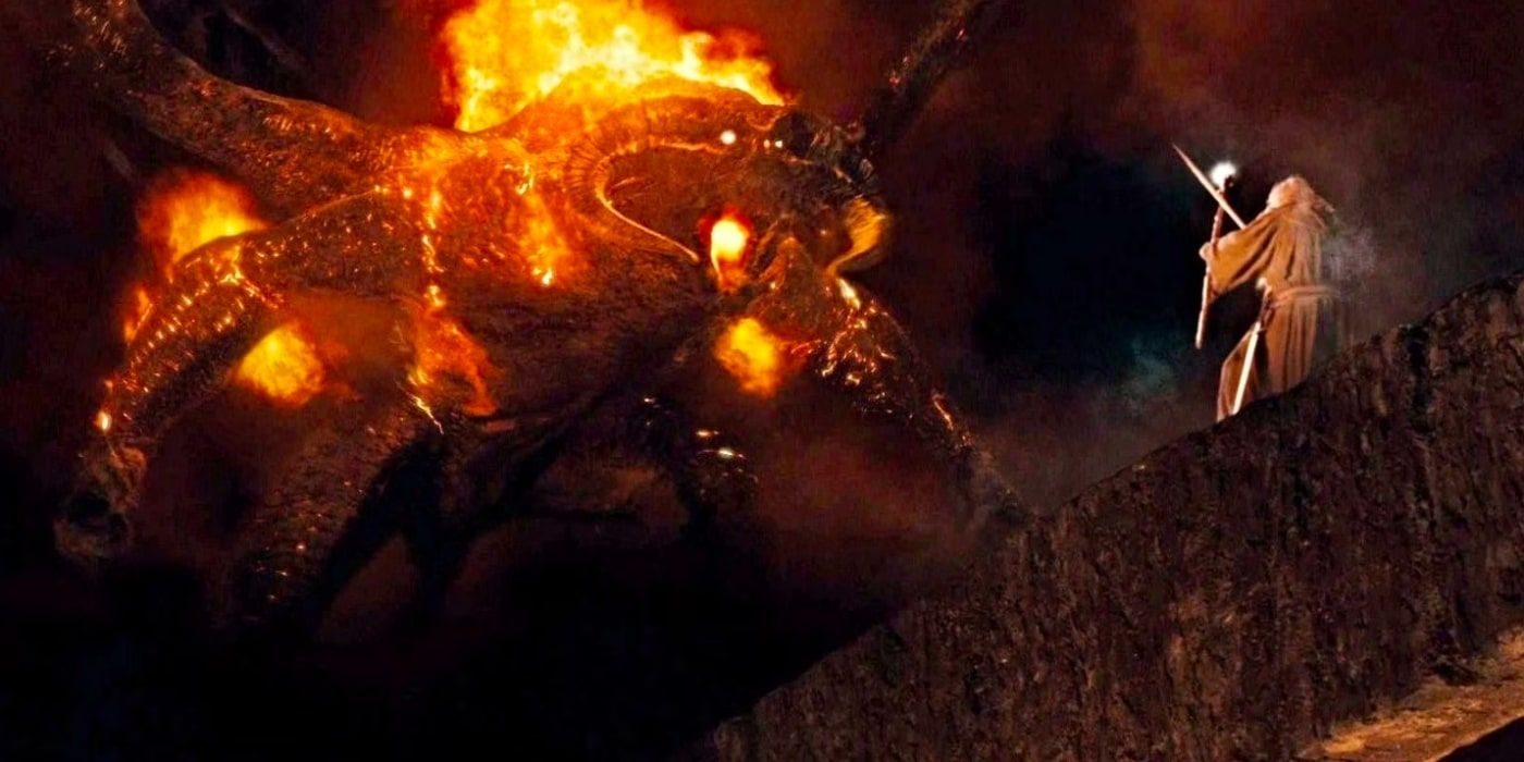 Gandalf faces the Balrog in The Lord of the Rings Fellowship of the Ring.