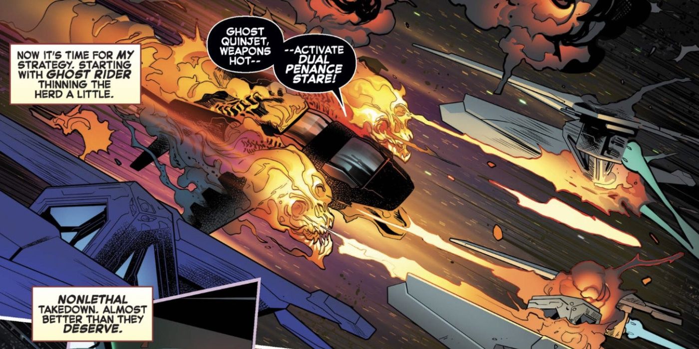 Ghost Rider pilots the Quinjet through space to take down various enemy ships