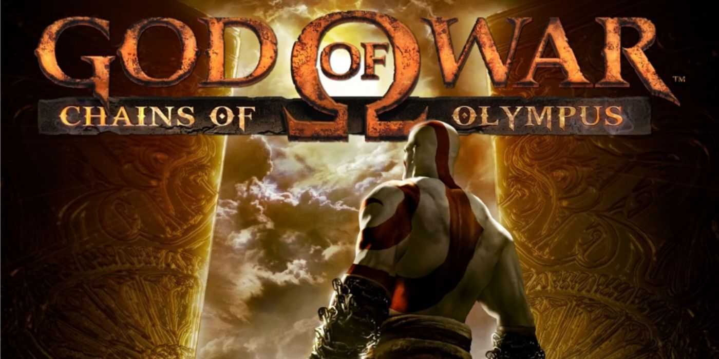 Arte promocional de God of War: Chains of Olympus apresentando Kratos olhando para os portões do Olimpo.