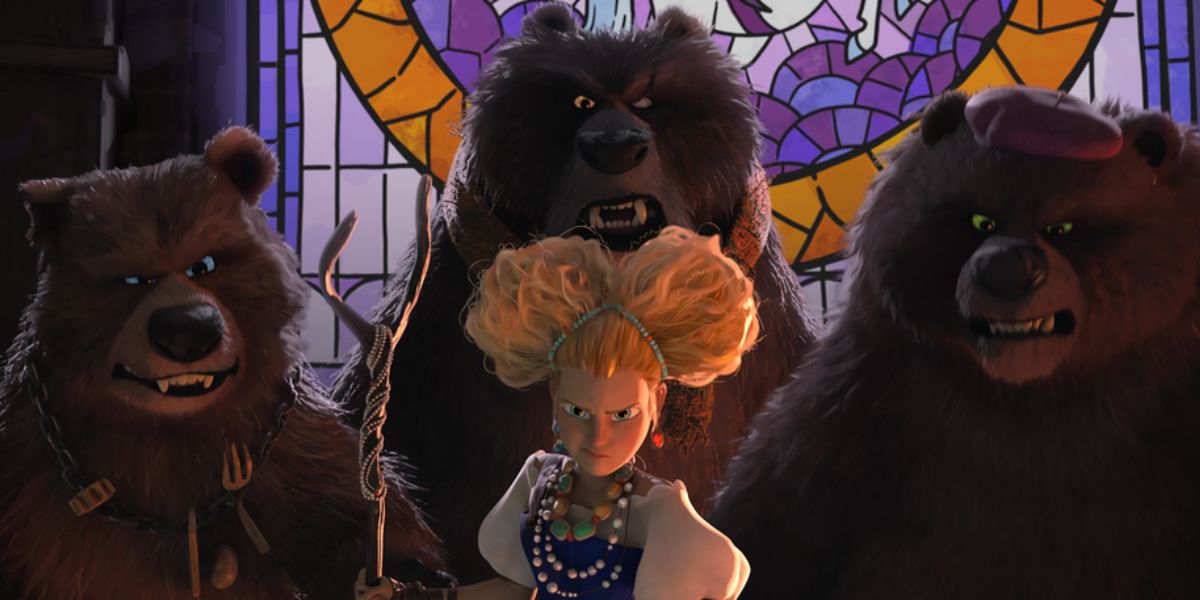 Goldilocks looking angry with the three bears also angry behind her, from Puss in Boots: The Last Wish.