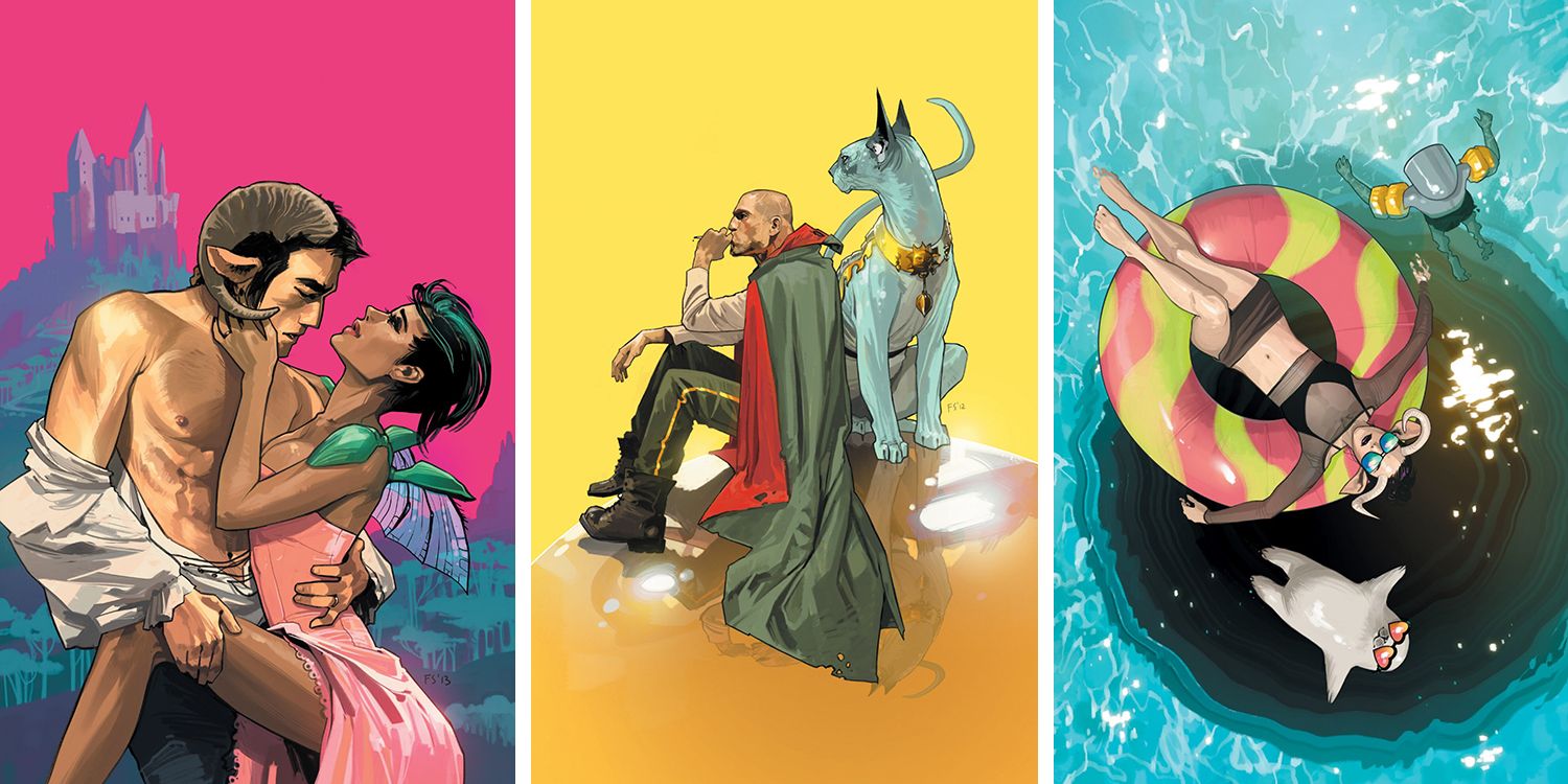 Three cover images from Saga comic books side by side