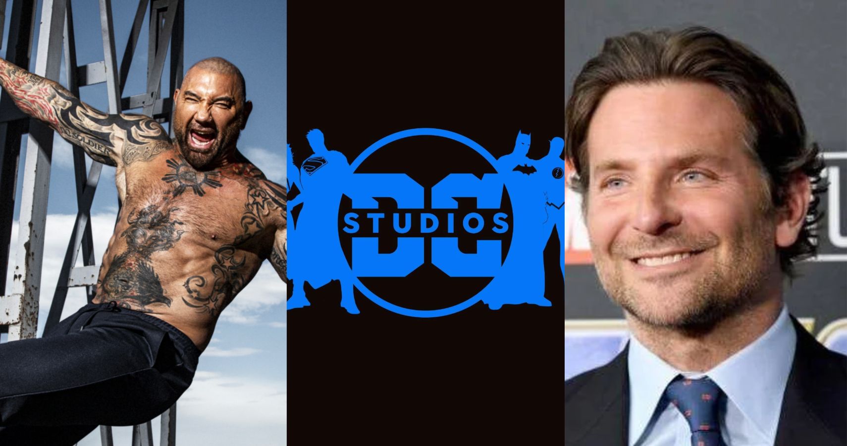 A combined image featuring Guardians of the Galaxy actors like Dave Bautista and Bradley Cooper on either side of the DC Studios logo. 