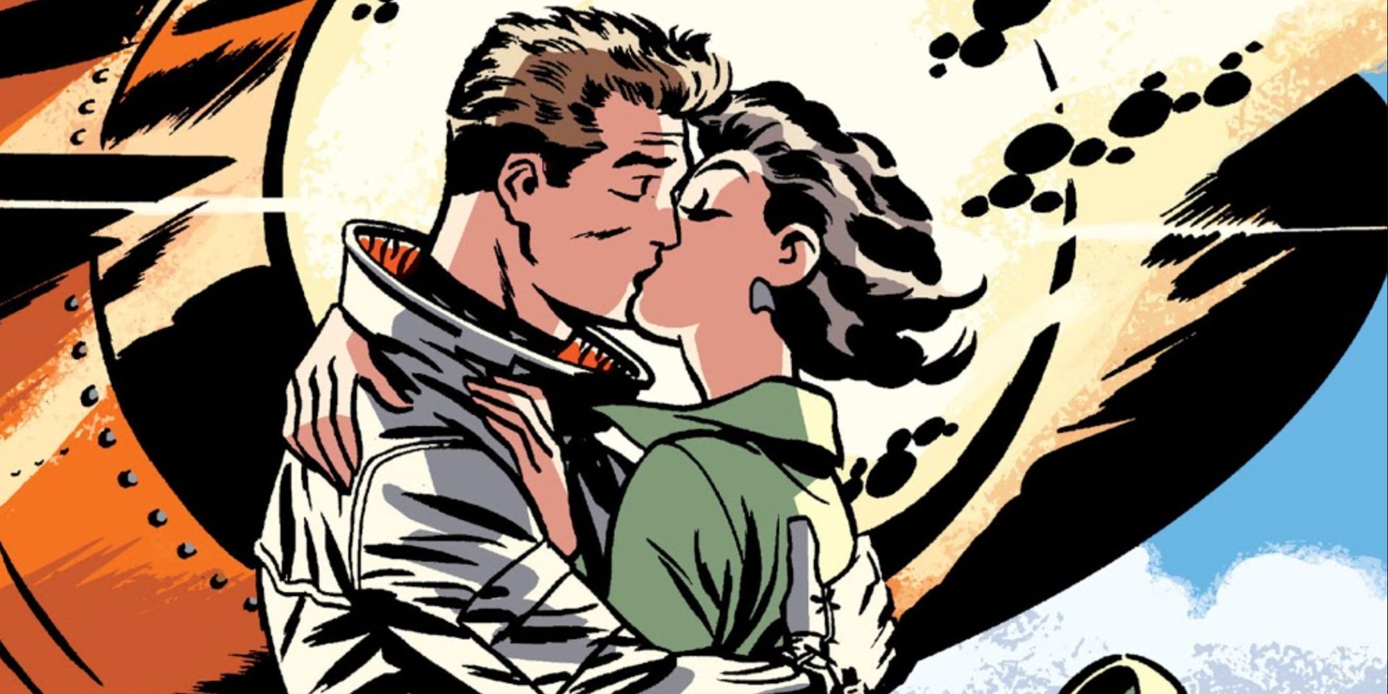 Hal Jordan and Carol Ferris kissing in front of the experimental jet in DC's The New Frontier.