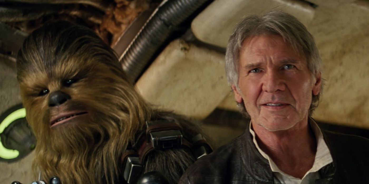 Hand Solo and Chewbacca in the Millennium Falcon in Star Wars: The Force Awakens