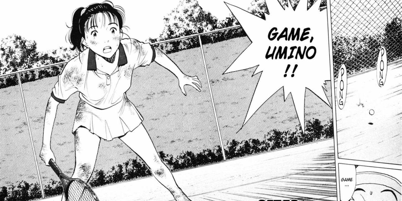 Uma mulher jogando tênis em Happy! Por Naoki Urasawa