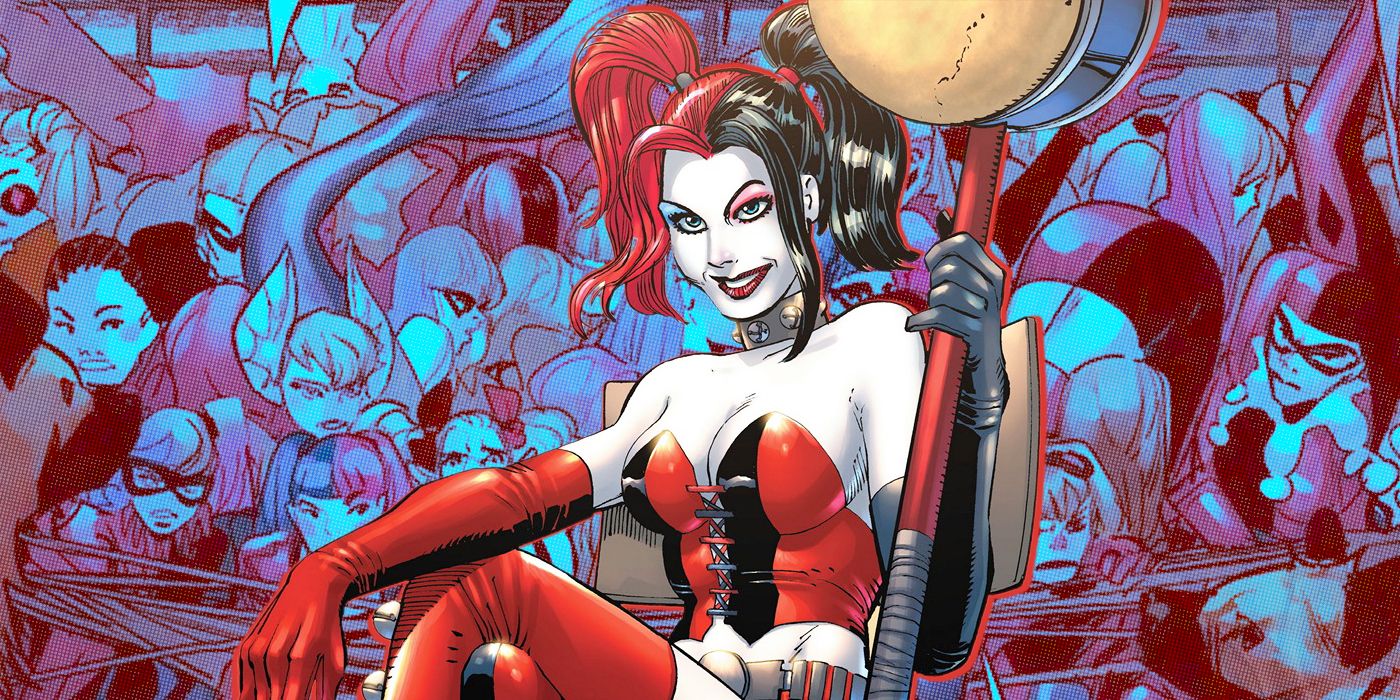 harley quinn sitting in front of other tied up copies of herself
