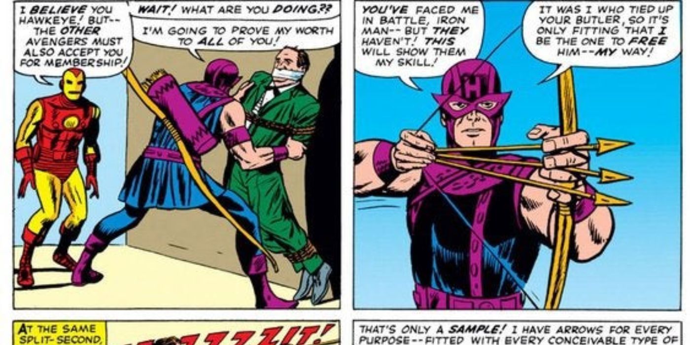 Hawkeye prepares to cut Jarvis's bonds with his arrows