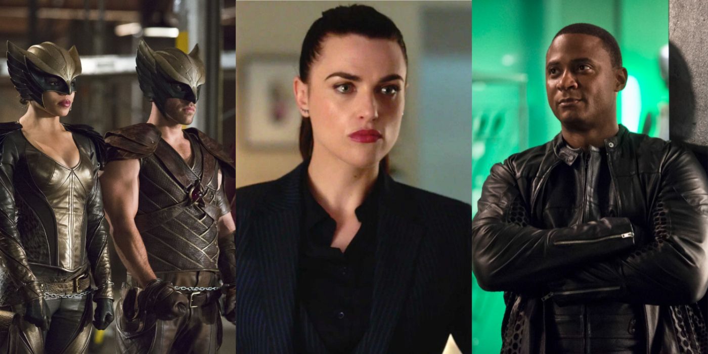 A split image of Arrowverse's Hawkman & Hawkgirl, Lena Luthor, and John Diggle