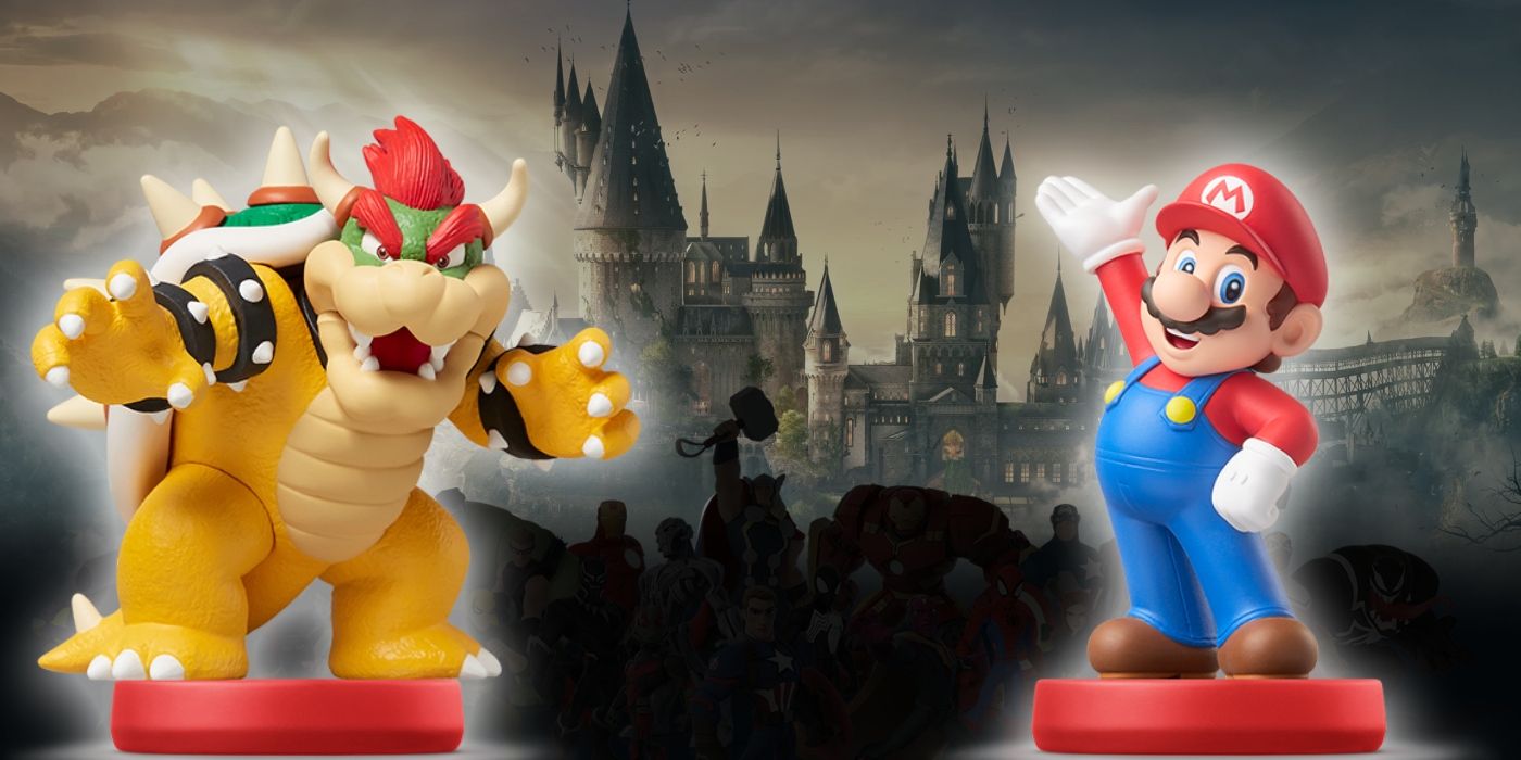 Mario and Bowser over Hogwarts Legacy keyart with Disney Infinity characters in silhouette
