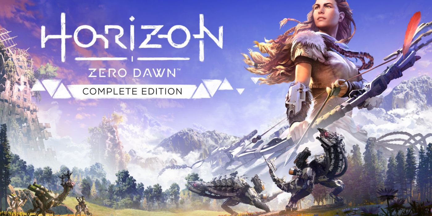 Horizon Zero Dawn promo art featuring Aloy and the robotic animals in the land.