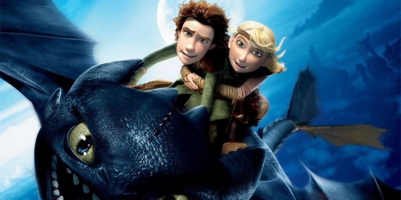 Hiccup and Astrid ride on a flying Toothless in How to Train Your Dragon.