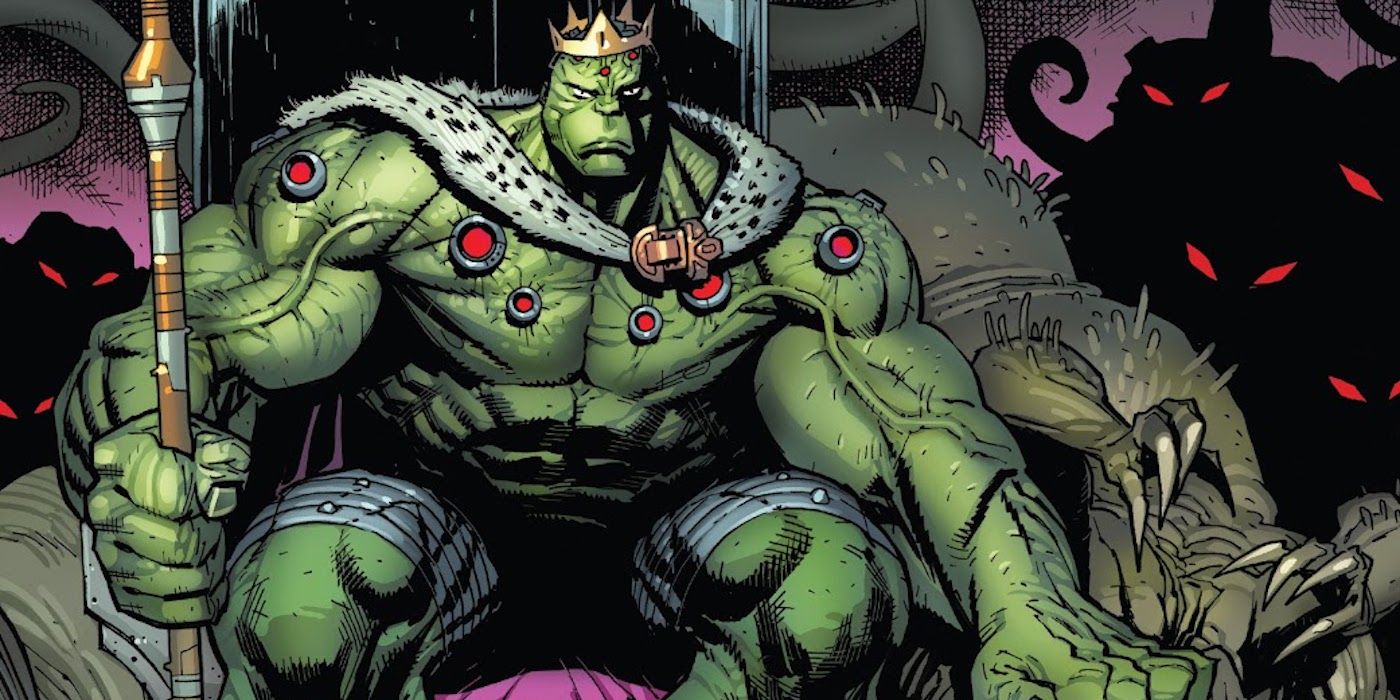 Hulk sits on a throne, shadowy figures in the background, in Marvel Comics