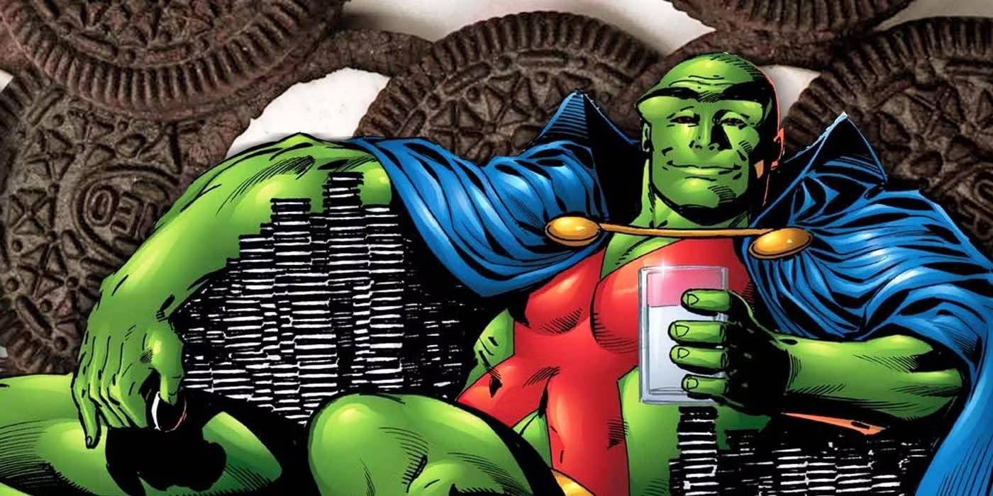 Martian Manhunter with a glass of milk on a throne of Chocos.