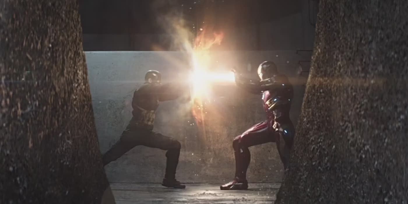 Iron Man shoots a beam at Captain America in Civil War