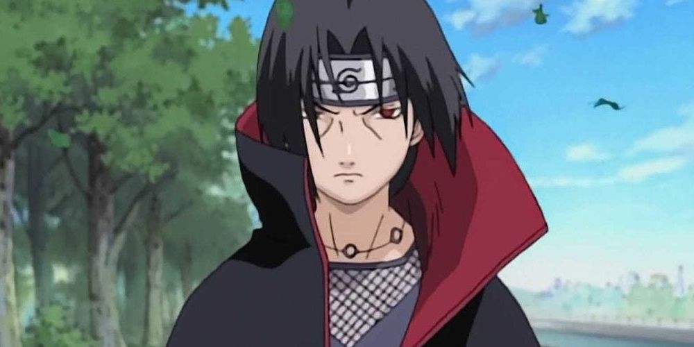 Itachi Uchiha prepares to fight in Naruto as crows circle in the background.