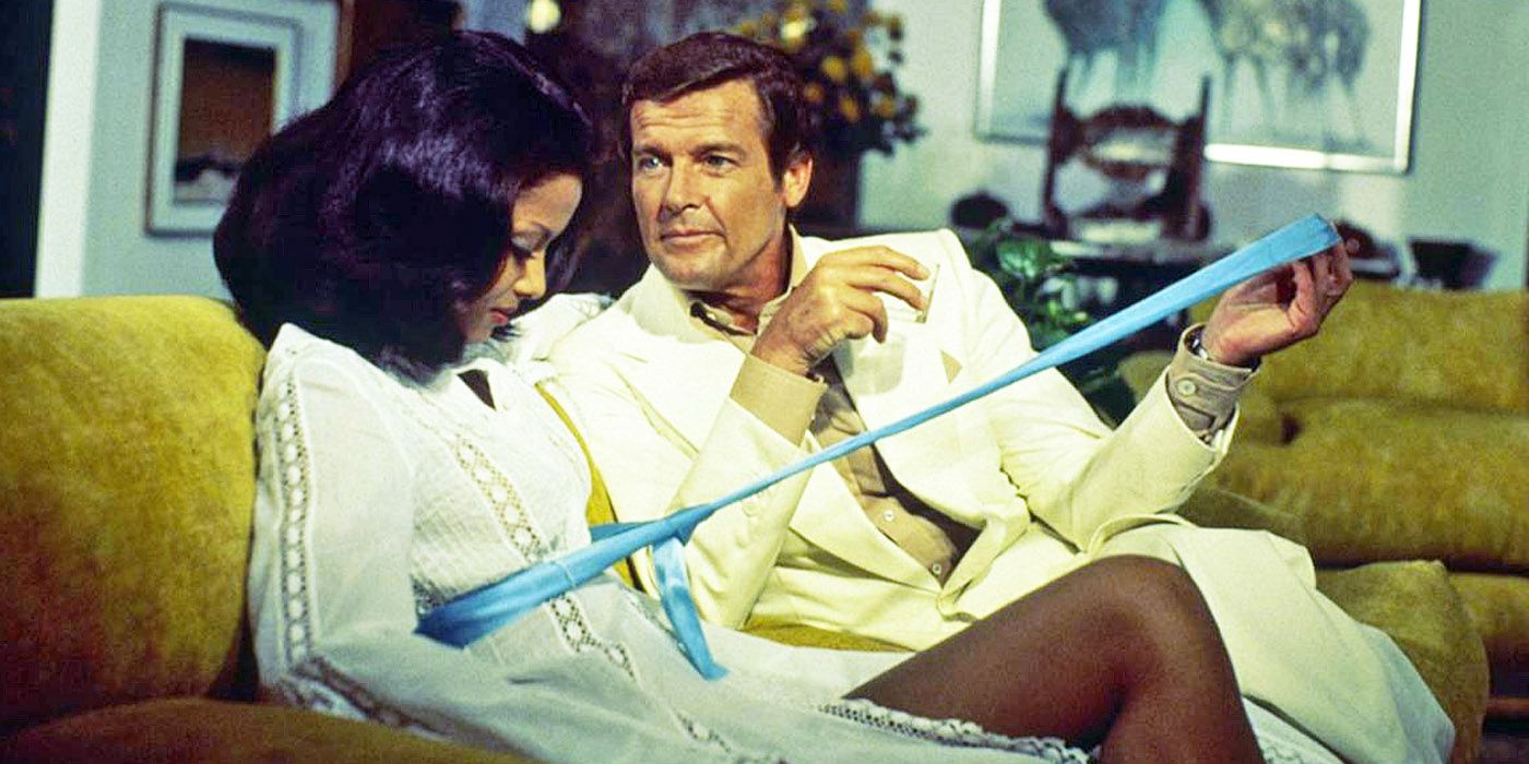 Roger Moore's James Bond pulls off the belt of Emily Bolton's Manuela in Moonraker.