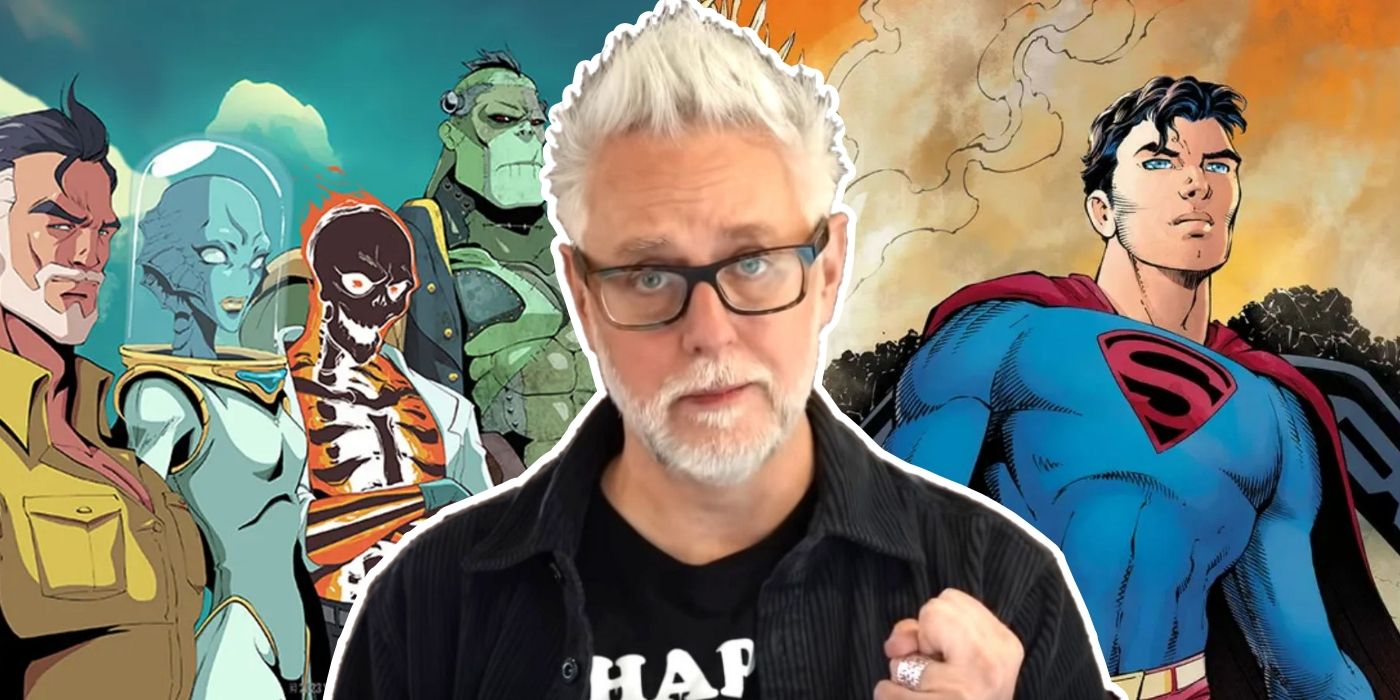 James Gunn in front of comic images of Creature Commandos and Superman Legacy