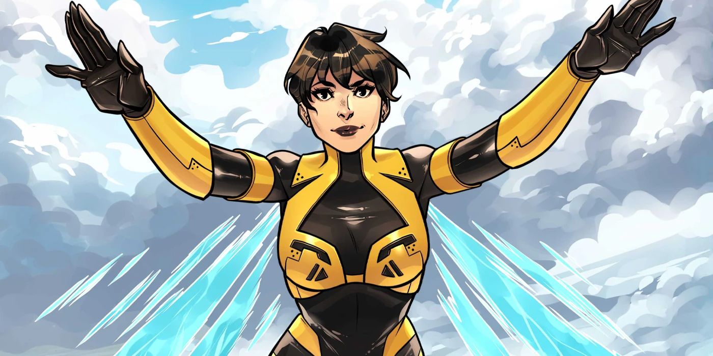 Janet Van Dyne as the Wasp soaring into the sky in Marvel Comics