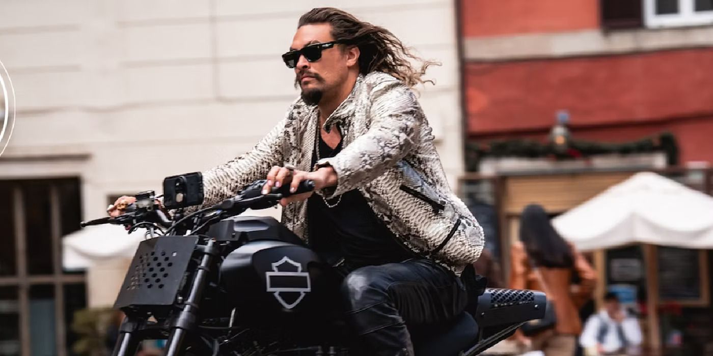 Jason Momoa's Dante rides through the streets during a scene in Fast X