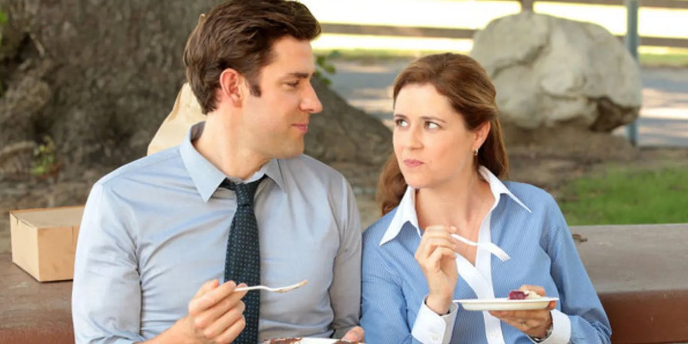  Jim and Pam from The Office eating and looking lovingly at each other in The Office