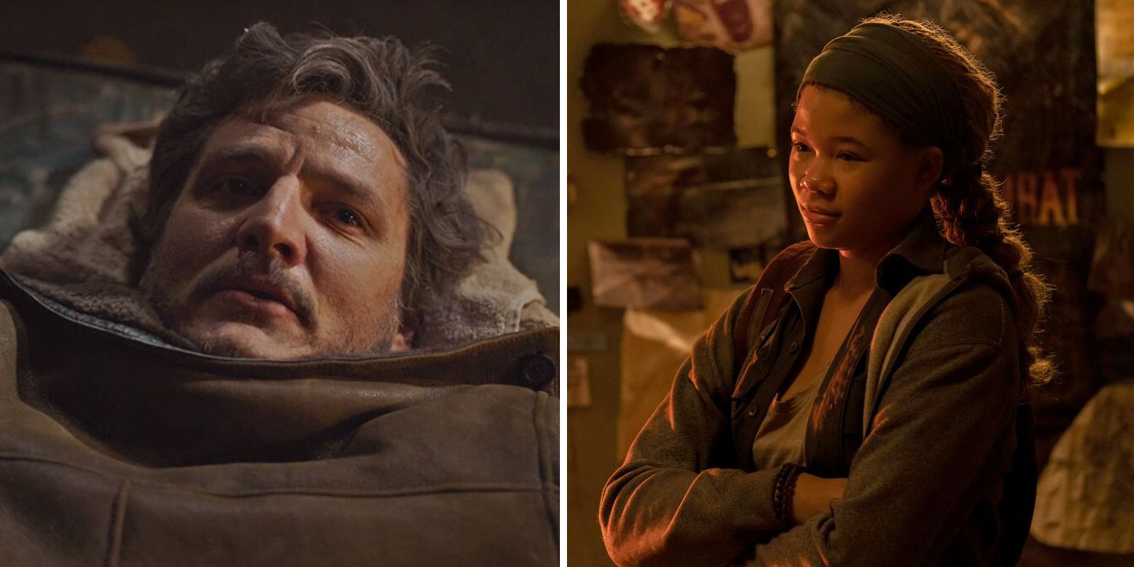 Joel is blanketed to try to stay warm and Riley in Ellie's room in episode seven of HBO's The Last of Us