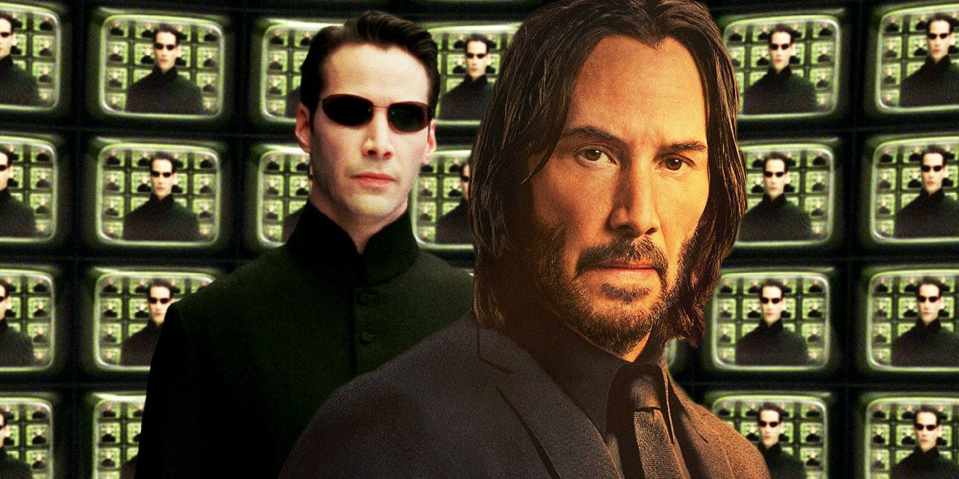 Keanu Reeves in John Wick: Chapter 4 in front of Neo in The Matrix.