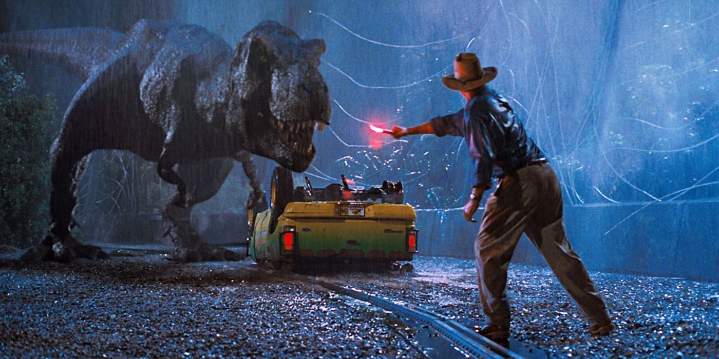 O T-Rex aparece na chuva em Jurassic Park