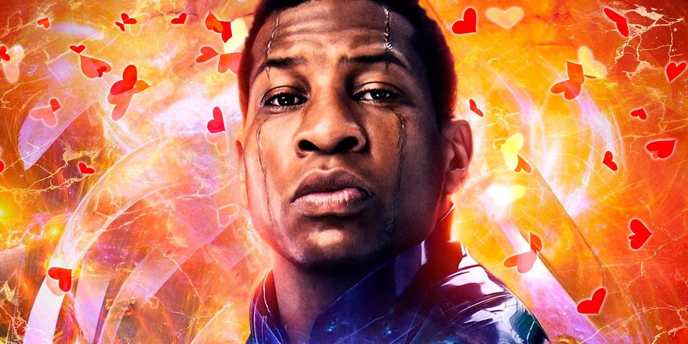 Jonathan Majors' Kang the Conqueror in front of a Valentine's Day-like background filled with flying hearts.