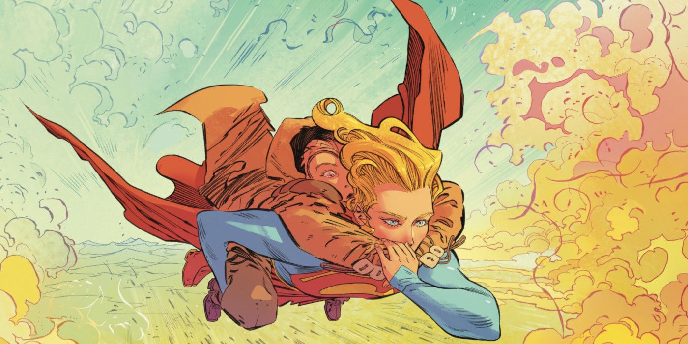Kara flying with Ruthye on her back in Supergirl Woman of Tomorrow (DC Comics).