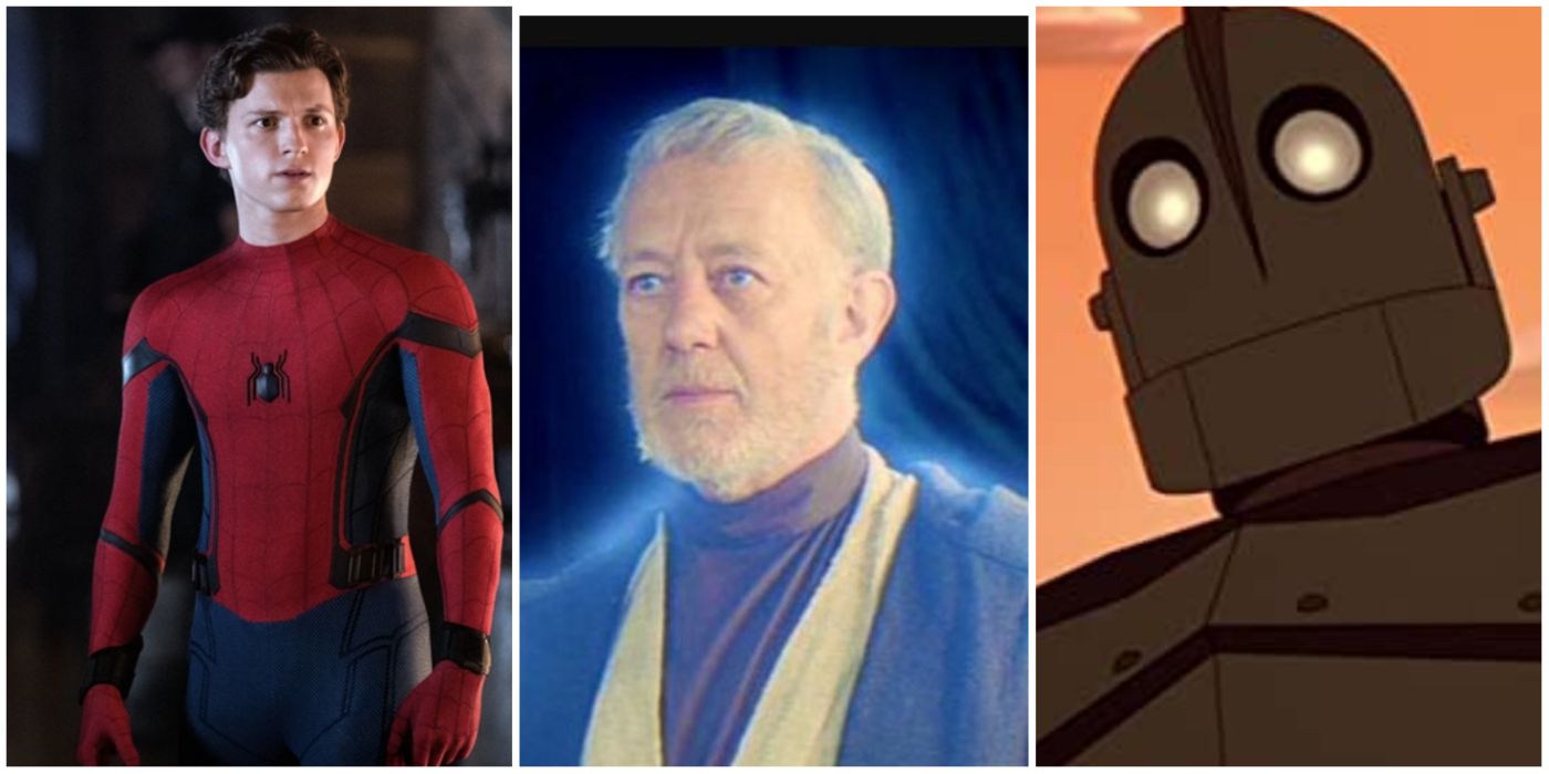 Kenobi, Spider-Man, and the Iron Giant split image