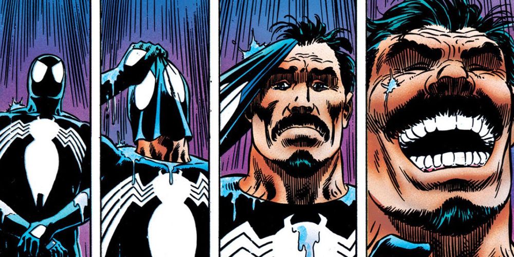 Sequence of Kraven standing in the rain, dressed as Spider-man, laughing. 