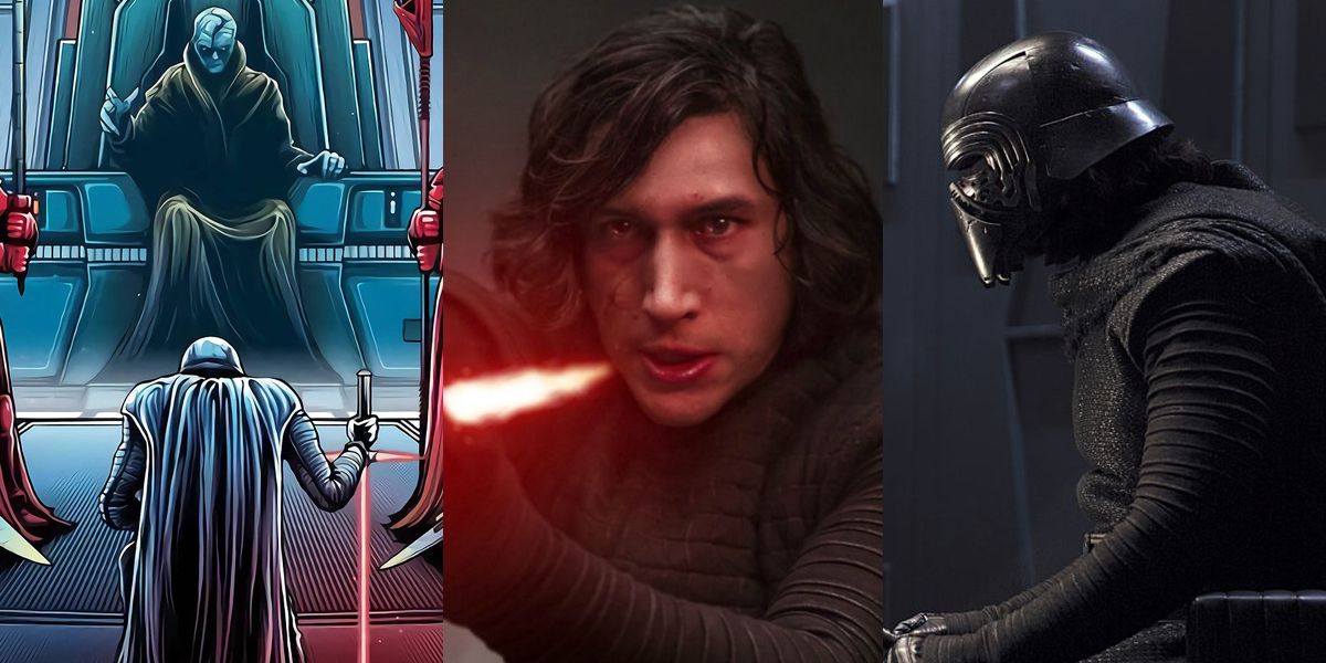 Three image collage of Kylo Ren kneeling before Snoke in the comics, Kylo Ren holding a light saber within a mask, and sitting down facing Darth Vader's burnt mask