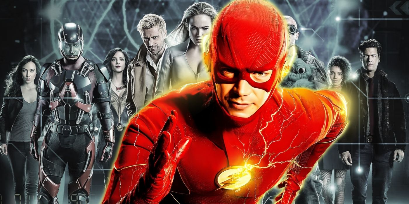 Barry Allen as the Flash runs in front of the heroes from Legends of Tomorrow