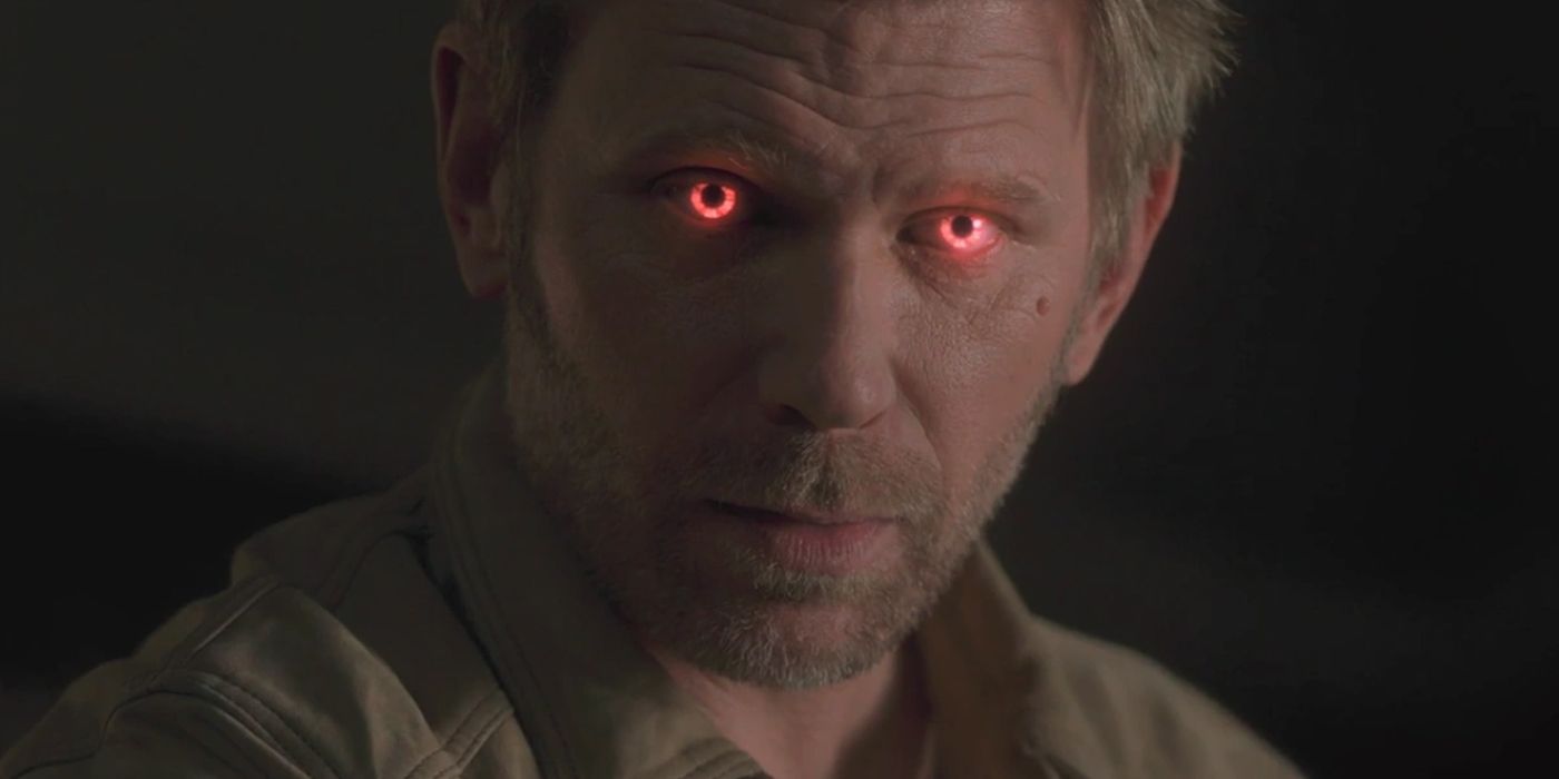 Lucifer with glowing red eyes from Supernatural