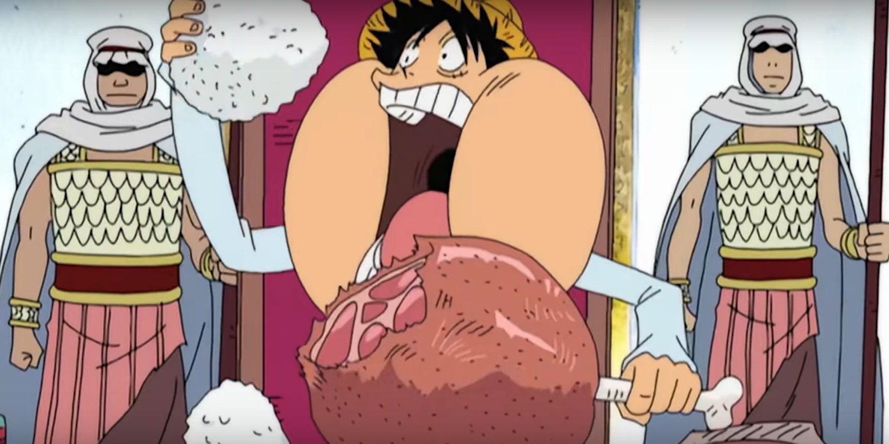 Luffy Eating Meat and Rice in the One Piece Anime