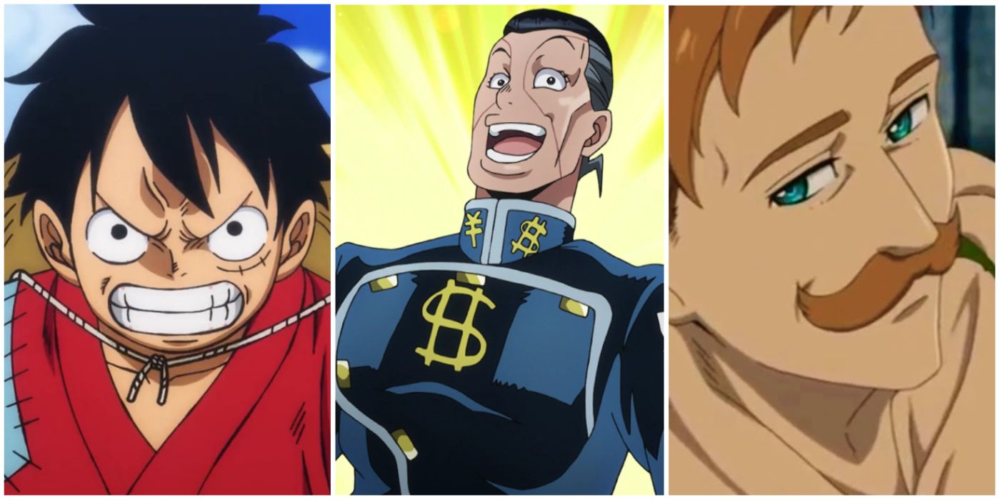 Luffy from One Piece, Escanor from Seven Deadly Sins, and Okuyasu from JoJo split image