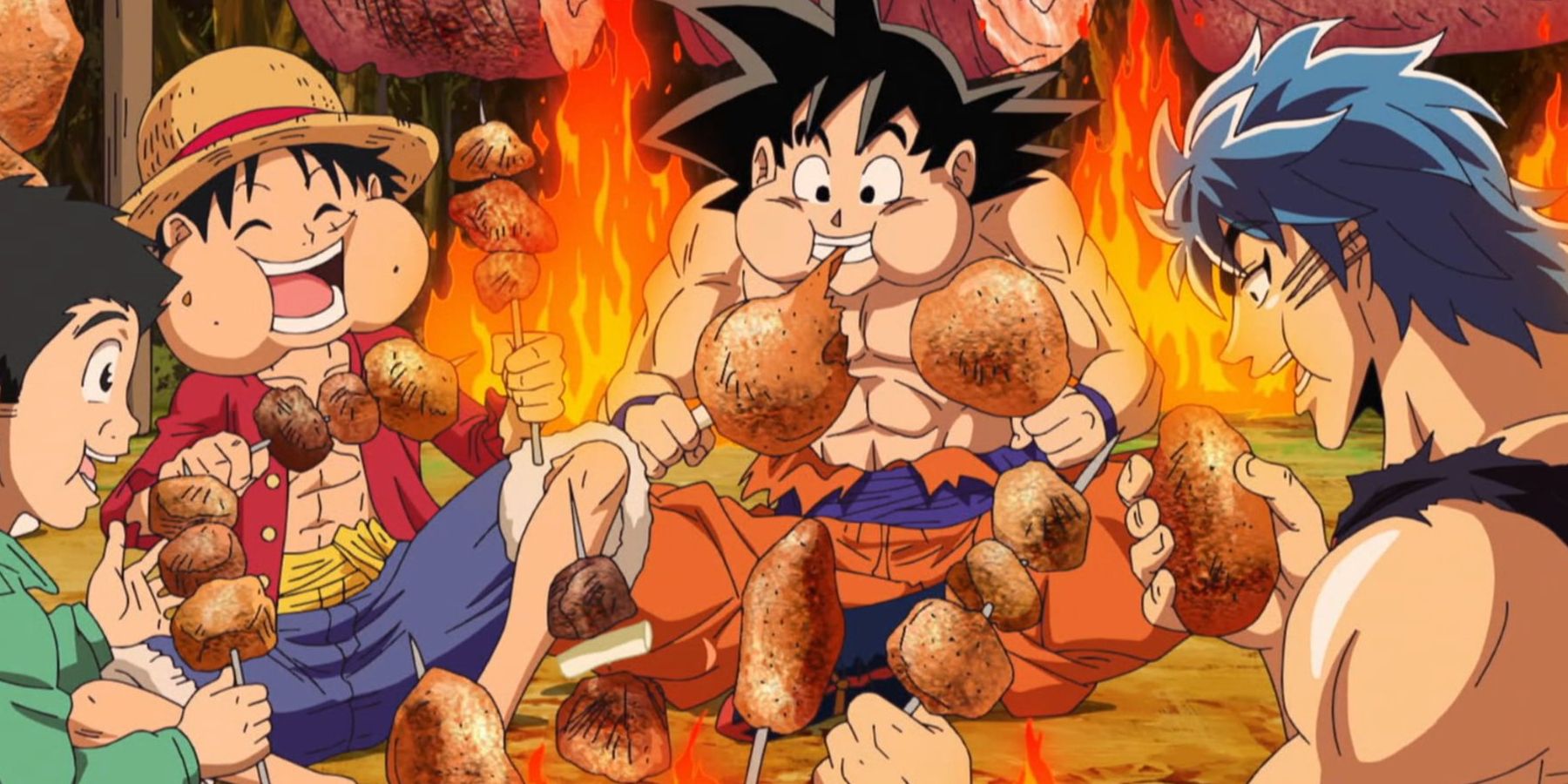 Luffy, Goku e Toriko tendo uma boa refeição juntos do especial One Piece x DBZ x Toriko.