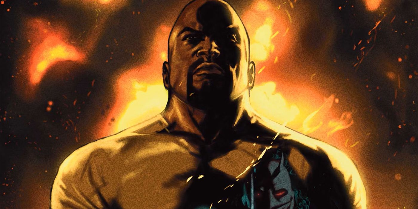 Luke Cage stands in front of flames on cover artwork for the canceled Luke Cage: City of Fire miniseries from Marvel.