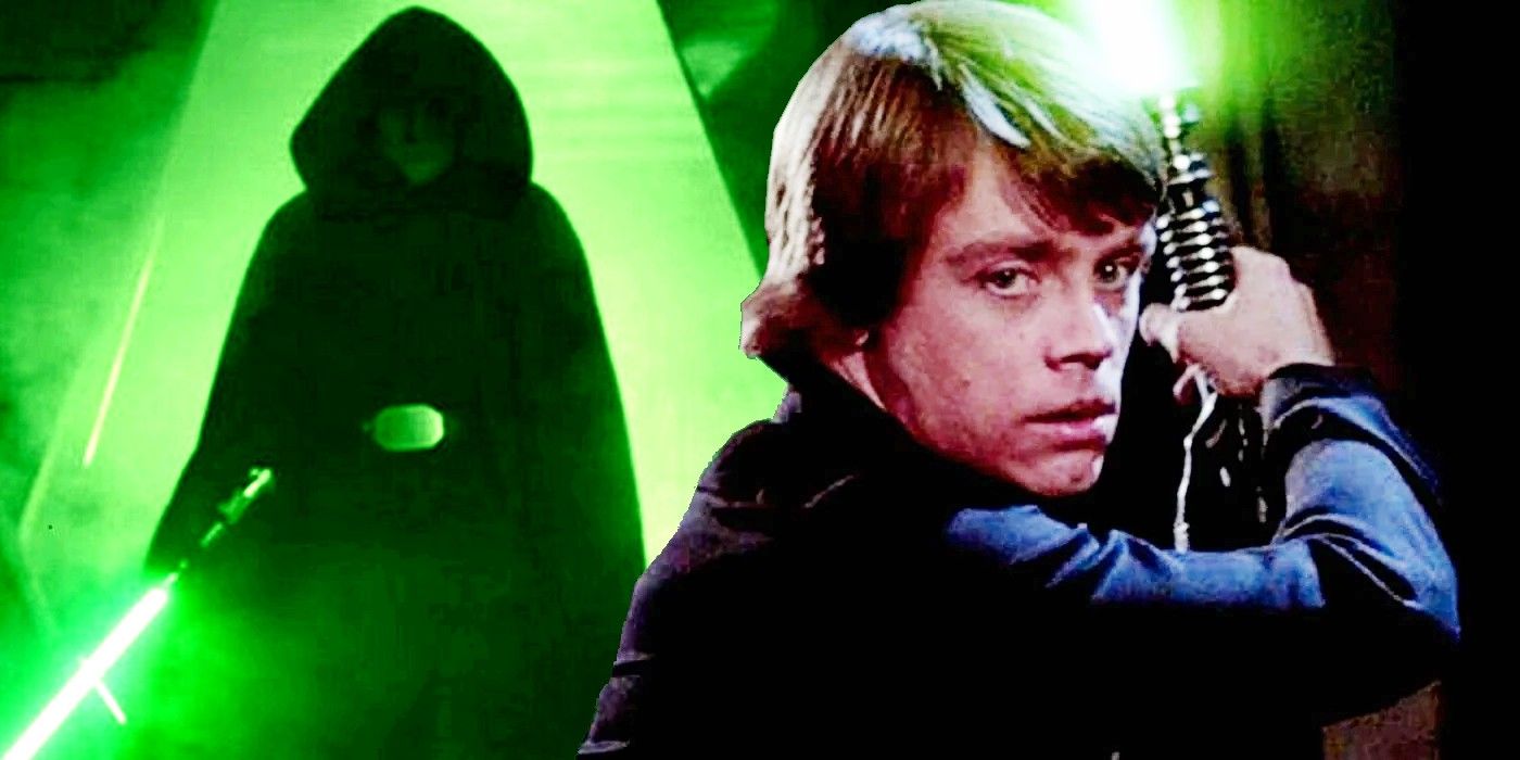 Luke Skywalker segurando um sabre de luz verde pronto para lutar