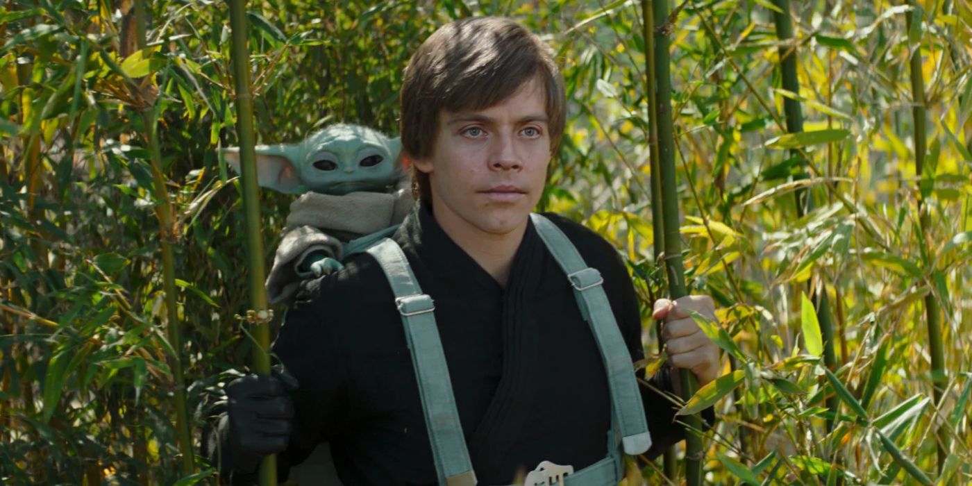 Luke Skywalker carrying Grogu in The Book of Boba Fett